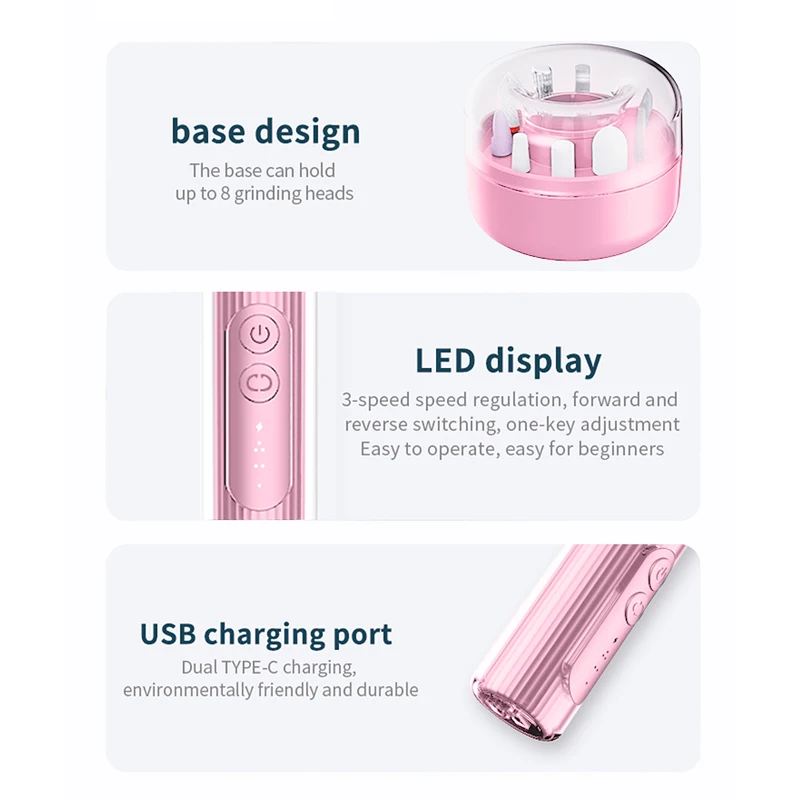 مثقاب أظافر كهربائي على شكل قلم قابل لإعادة الشحن مع شاشة رقمية LED، مبرد أظافر محمول لإزالة البشرة