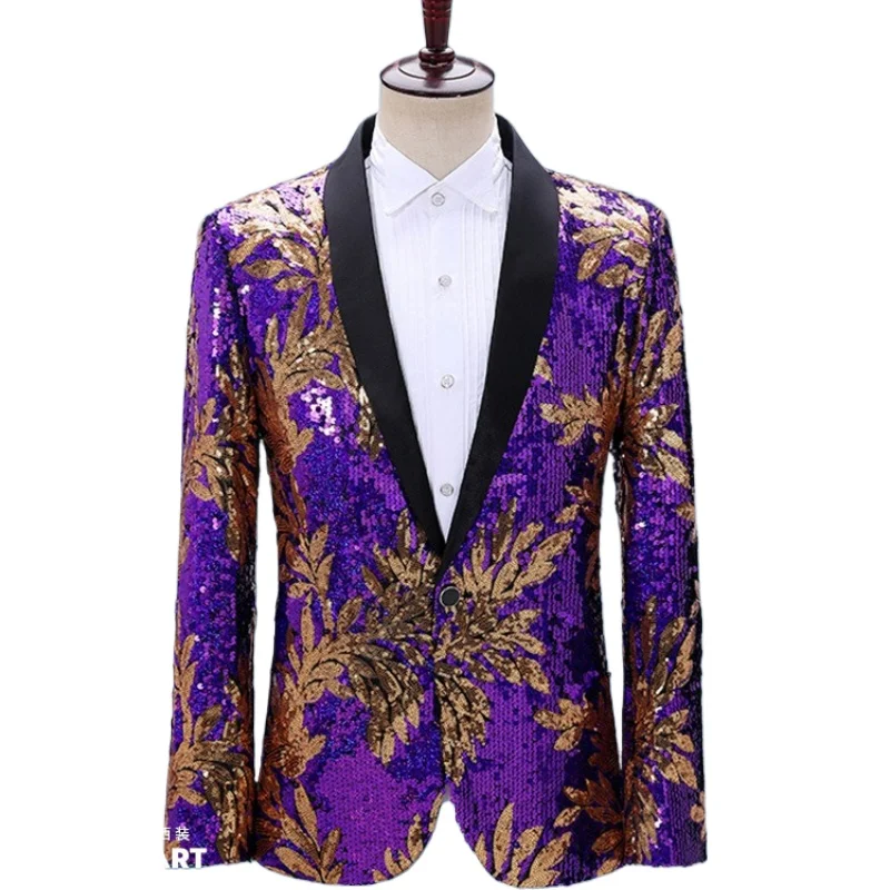 2025 Green Fruit Collar Purple Leaf Color Changing Sequin for Men,Blue Green Fashion Performance Casual Color-Block Mens Jacket