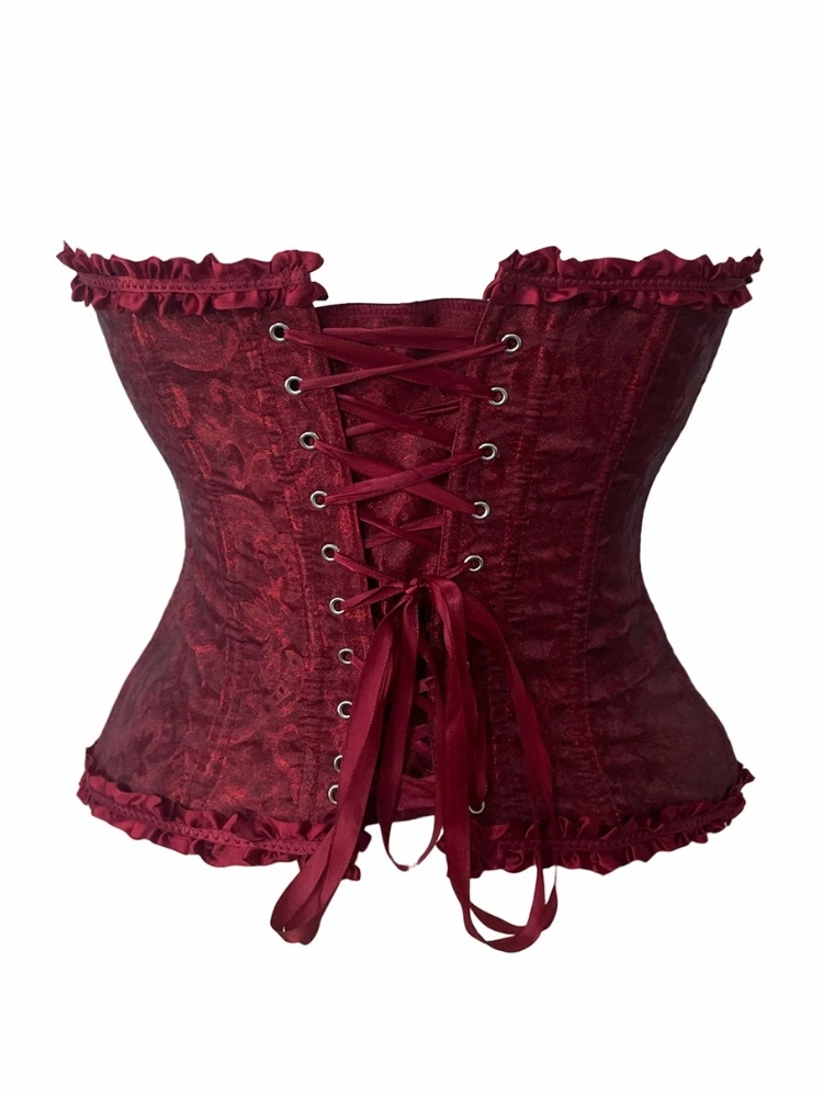 Weinrotes Overbust-Korsett aus Jacquard, trägerlos, mit Rüschen vorne, Schnürung hinten, tailliert, für Party- und Clubwear – Detail 2