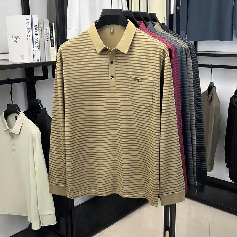 Herren-Polohemd mit langen Ärmeln und Brusttasche, gestreift, lässiger Business-Look, Herbst, Alltag, weich, atmungsaktiv, Herrenbekleidung. – Detail 10