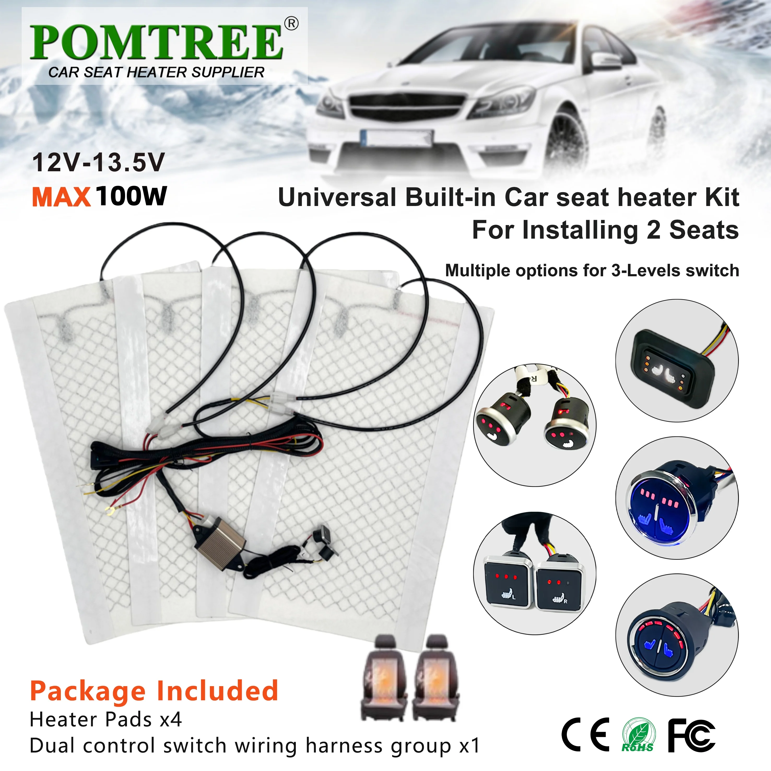 

MAX 100W Built-in Car Seat Heater Kit Fit 2 Seats 4PCS Universal Carbon Fiber Heating Pads 3-level Control Switch Wiring Harness