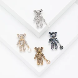 Cute Rhinestone Small Bear Brooches for Women Unisex Animal Pins 4-color Available Office Party Accessories Gifts