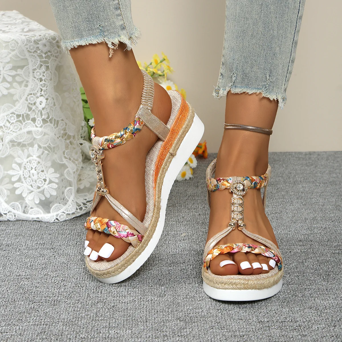 

Fashion T-Strap Platform Sandals for Women New Mix Color Elastic Band Wedge Sandals Woman Summer Daily Open Toe Sandalias Female