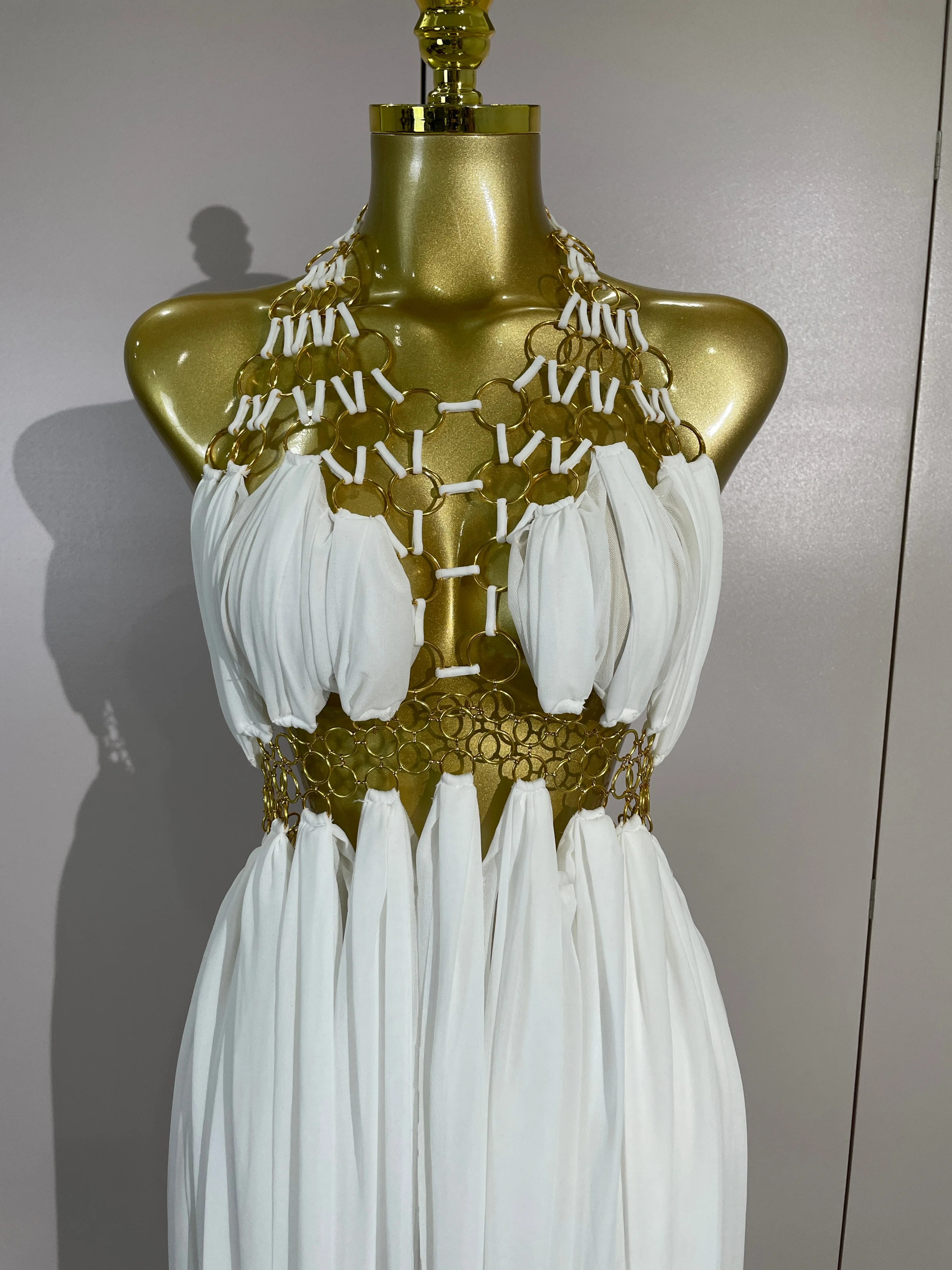White Sexy Hollow Out V Neck Backless Black Mesh Long Dress Women Eveing Birthday Party Nightclub Bar Stage Performance Costume