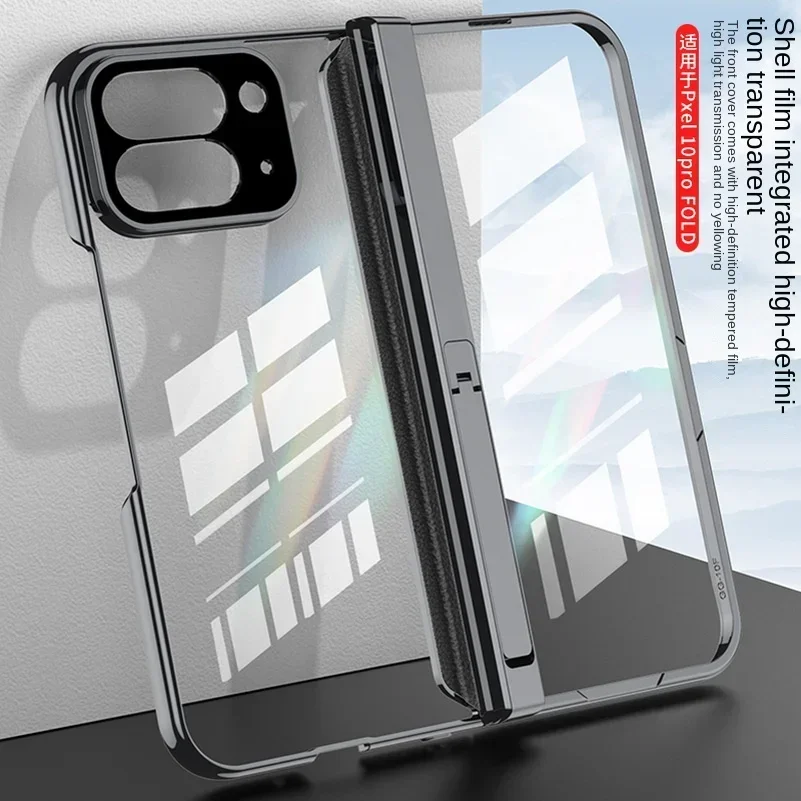 Transparent Glass Protective Film Case for Google Pixel 10 pro with Magnetic Hinge Folding Bracket Plated Frame - Fold Protect