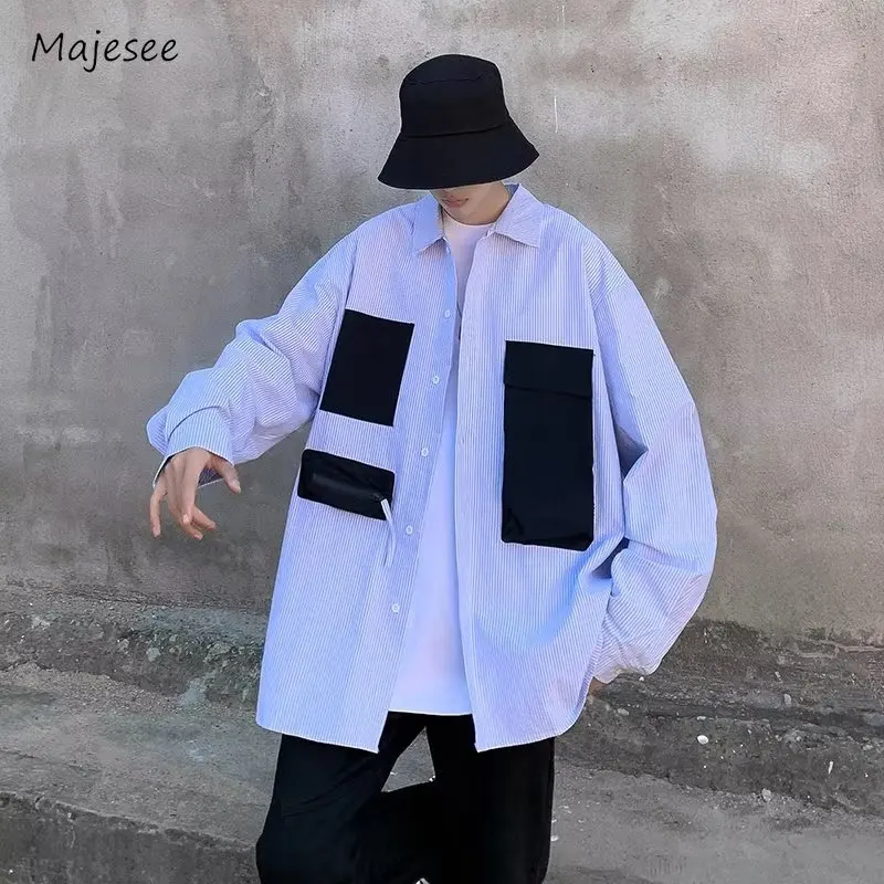 

Mens Shirts High Street Fashion Loose Casual Spring Autumn Striped Patchwork Panelled Japanese Style Handsome Teenagers Youthful