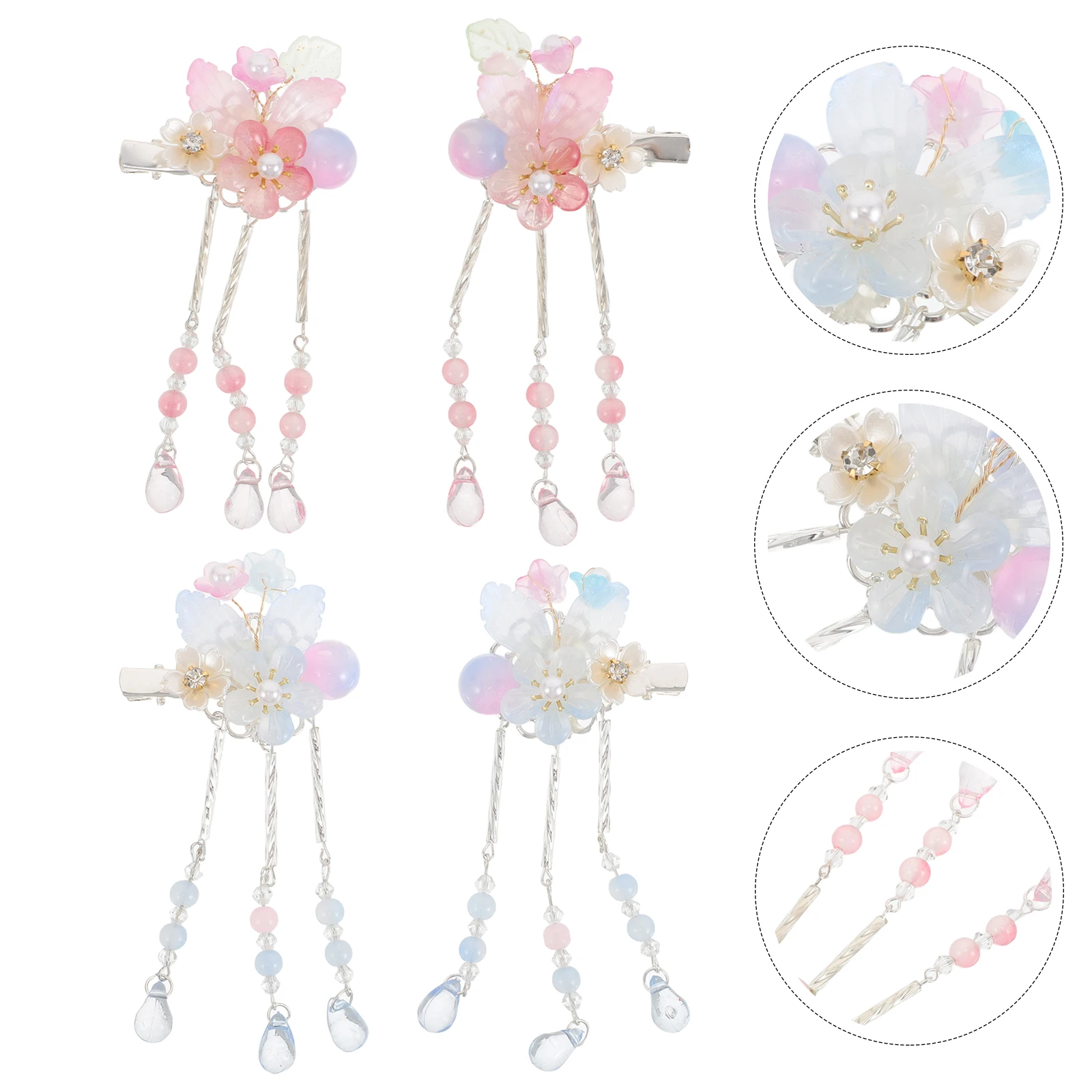 

2 Pairs Flower Tassel Hair Clips Girls Princess Costume Accessories Hanfu Chinese Style Barrettes for Traditional Dress Daily