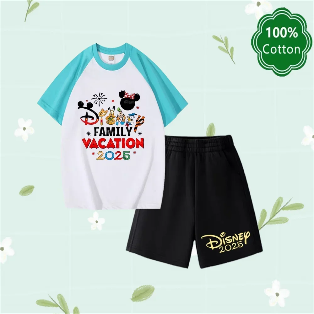 

Summer 2025 Disney Printed 100% Cotton T-shirt+Casual Fashion Cotton Shorts Children's Street Set T-shirt Y2k Top