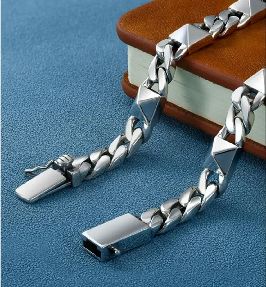

925 Silver Willow Nail Fashion Hip Hop Street Trend Safety Buckle Cuban Bracelet for Men's