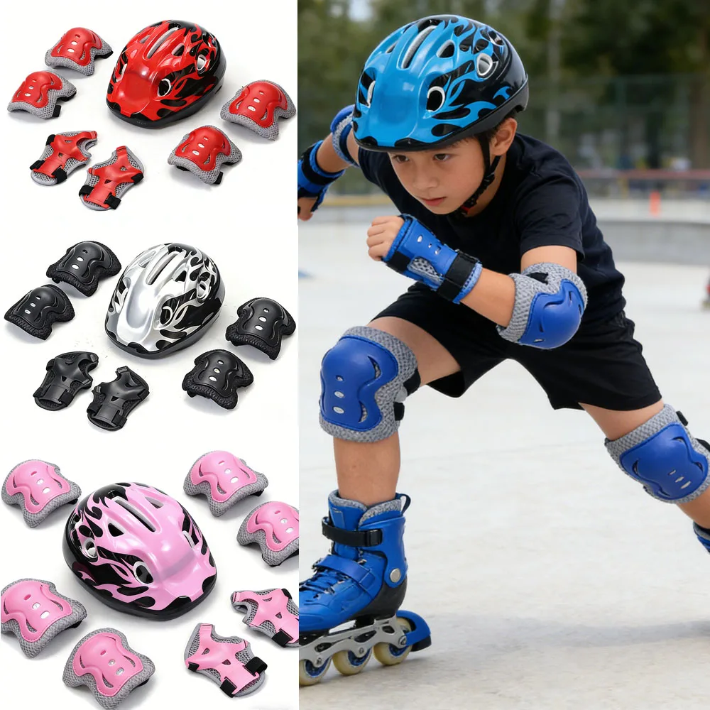 

7 шт. шлем с наколенниками, налокотники, защита запястий, детский комплект защитного снаряжения для езды на велосипеде, скейтборда, скутера, катания на коньках