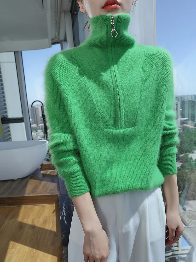 

100% Mink Cashmere Women's Half Zipper Pullover High Collar Soft Warm Autumn Winter Casual Fashion Knitted Long Velvet Sweater