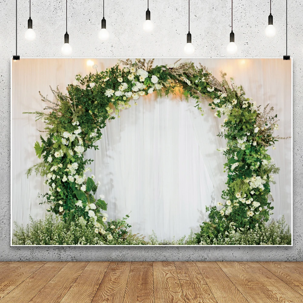 Elegant Floral Arch Romance Wedding Photography Background Dreamy White Curtain Flowers for Brides Portrait Photo Backdrop Props