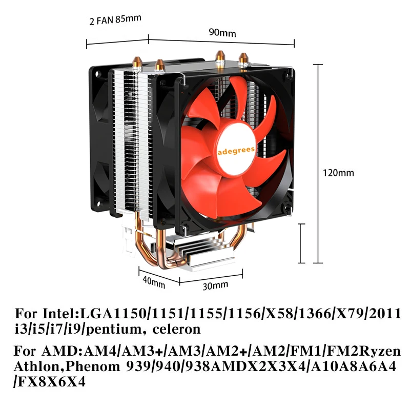 2 Heat Pipes CPU Air Cooler X79 X99 3PIN/4PIN Processor Cooler Fan For Intel LGA 1155 1200 1700 2011 AMD AM3 AM4 AM5 Ventilador