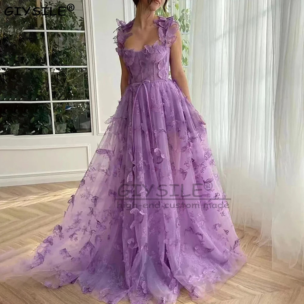 

GIYSILE Customized Spaghetti Straps 3D Butterflies Prom Dresses with Split Side Gowns A-line Long Formal Evening Party Dresses