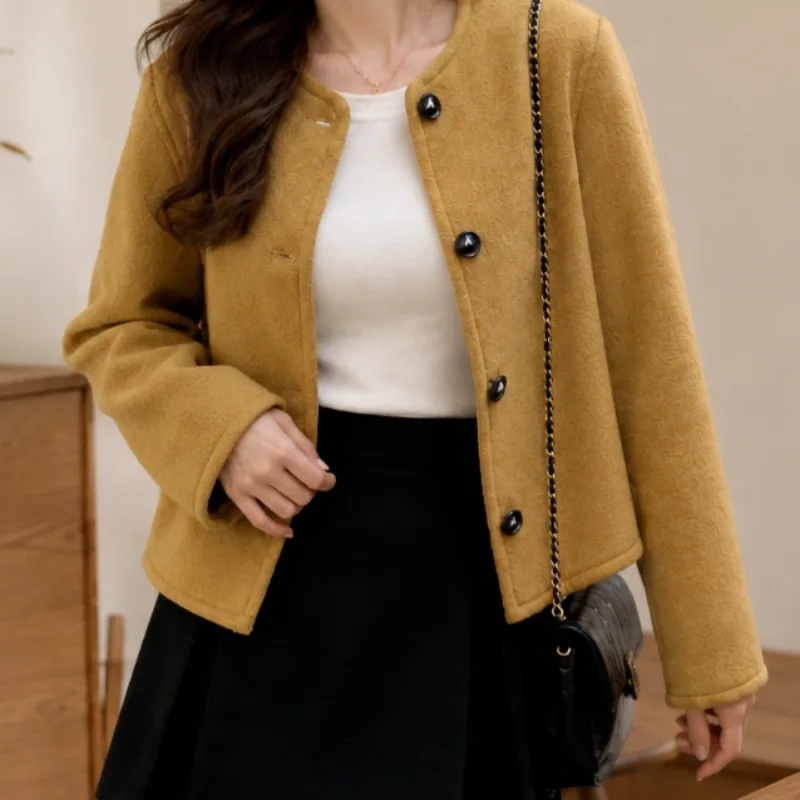 Women Round Neck Short Wool Blend Coat Tweed Style Open Front Long Sleeve Jacket