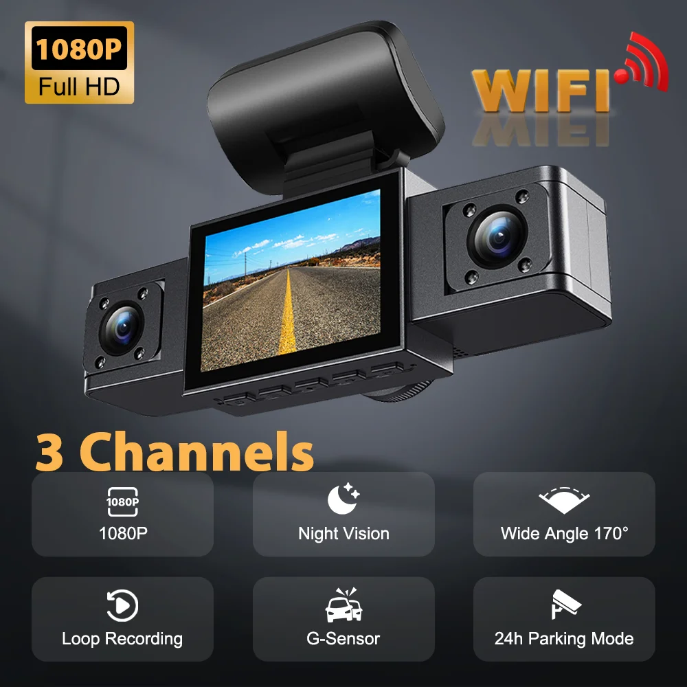 ZKCAMSPY Dashcam WiFi 3 Lens 1080P Car DVR Black Box Vehicle Video Recorder 24h Parking G-Sensor Loop Recording Dash Camera