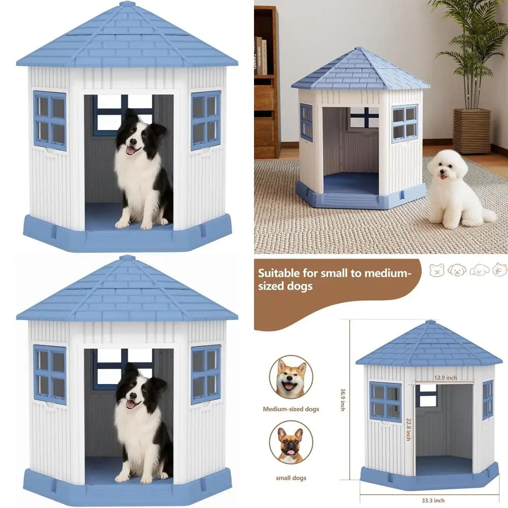 

Большой прочный уличный домик для собак с окном и приподнятым полом для маленьких и средних собак - синий (34.8 x 30.51 x 36.89)