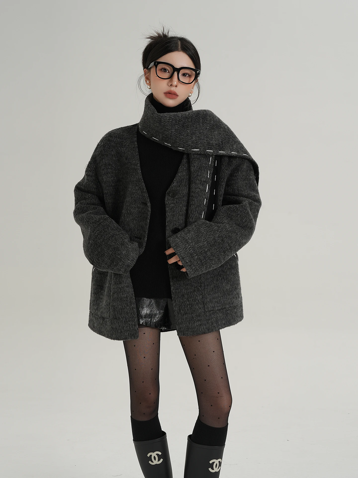 

SRYS AME Woolen Scarf with Stitching Line Mid-Length Women's Coat Thiened Autumn Winter New Sle Casual Comfortable Fit