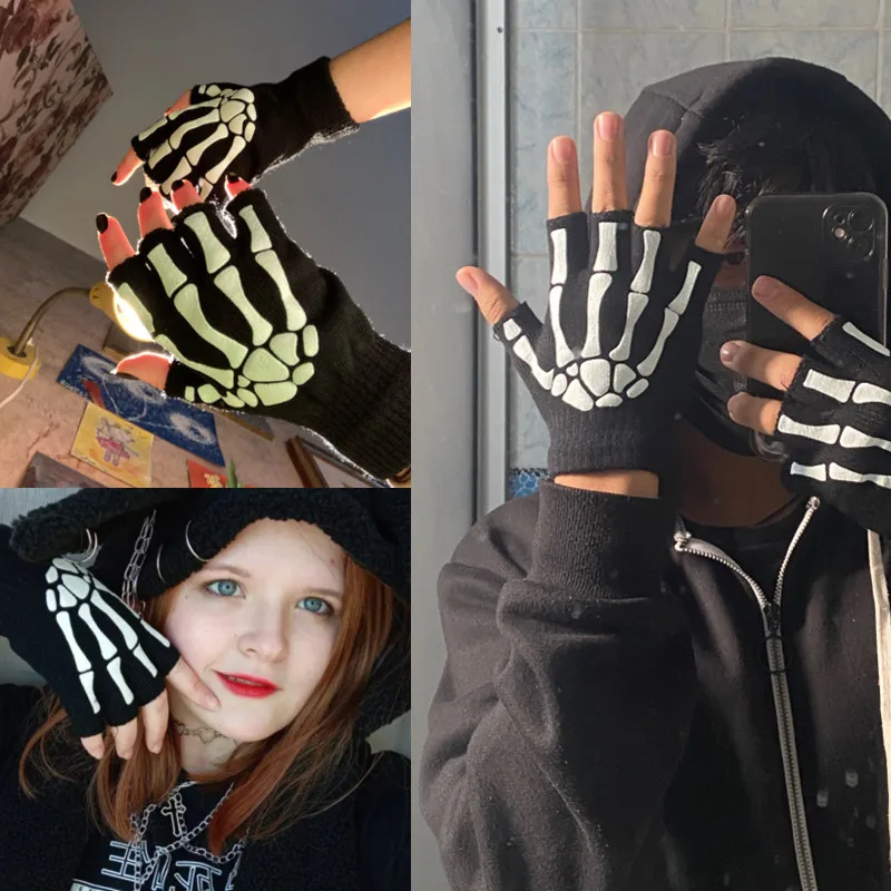 Black Elastic Skeleton Gloves Halloween Style Gloves Knitted Half Finger Gloves Ghost Claw Luminous Fluorescence Unisex Mittens