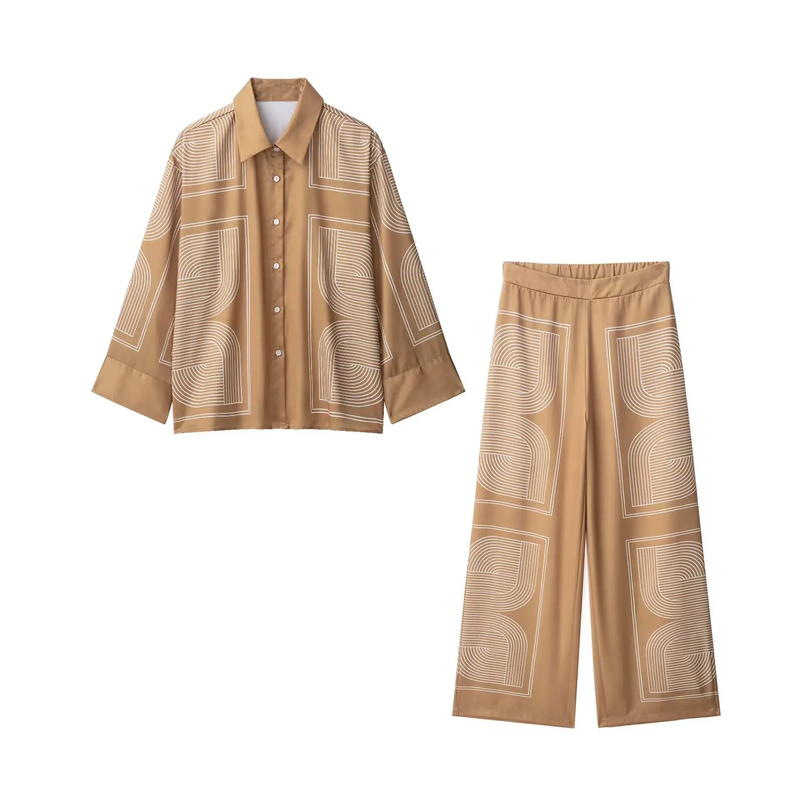 

Women's 2025 new fashion loose print twill shirt retro long sleeved button up women's shirt chic top+Pants suit