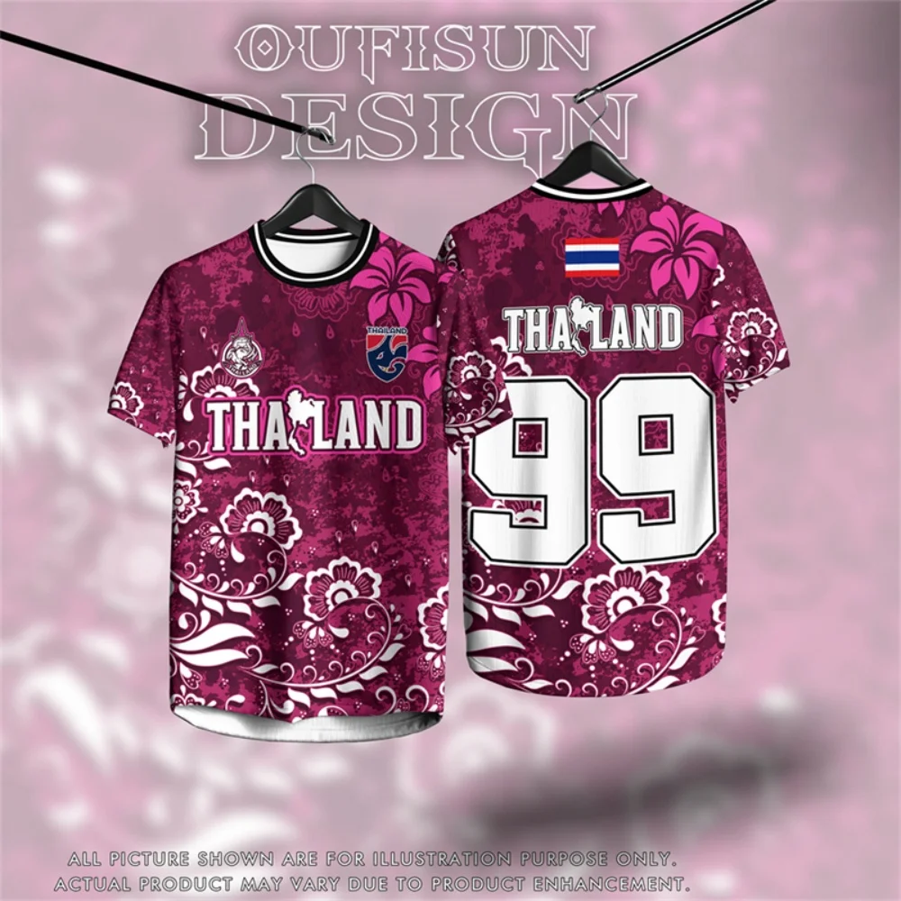 

Thailand #99 National Team Jersey, Magenta Floral Pattern Print with Thai Flag, Shirt for Thai Sports Fans & Supporters