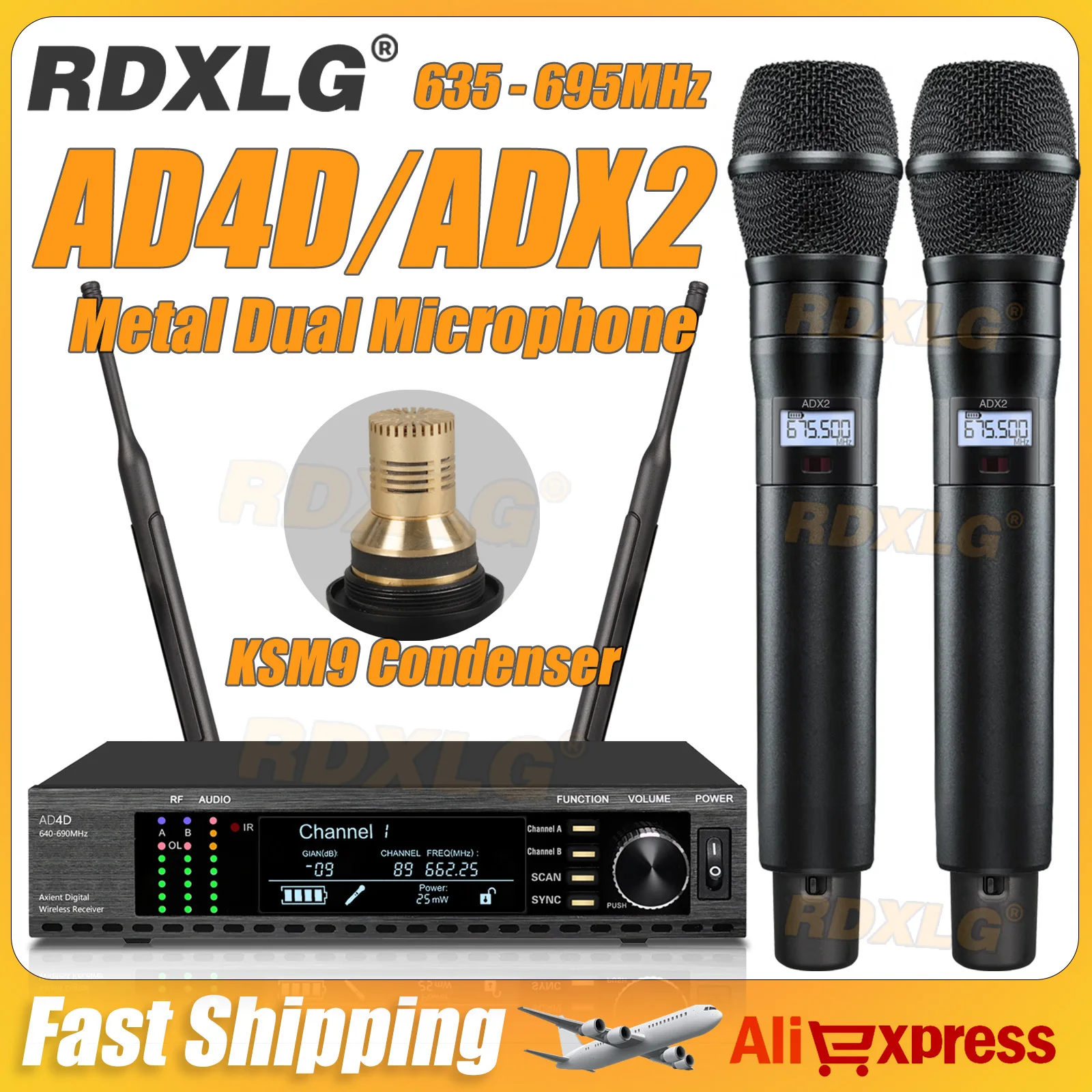 AD4D KSM9 Professional Dual Wireless Condenser Microphone True Diversity Stage System，600MHz，2 Channels Karaoke Metal ADX2 Mic