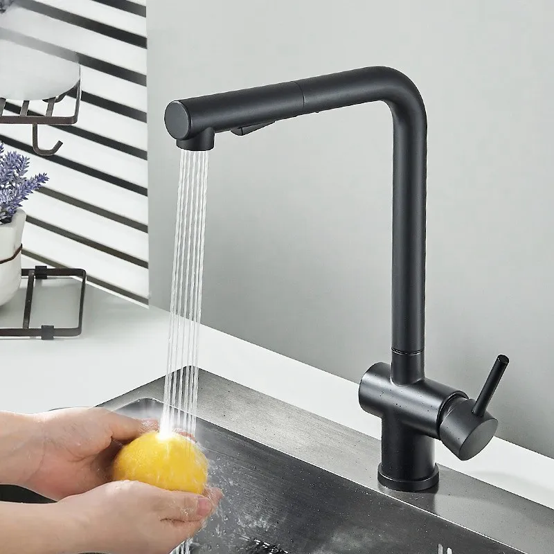 Grifo extraíble de acero inoxidable para cocina, mezclador con pulverizador de 2 vías, rotación de 360 grados, grúa de agua giratoria, color negro