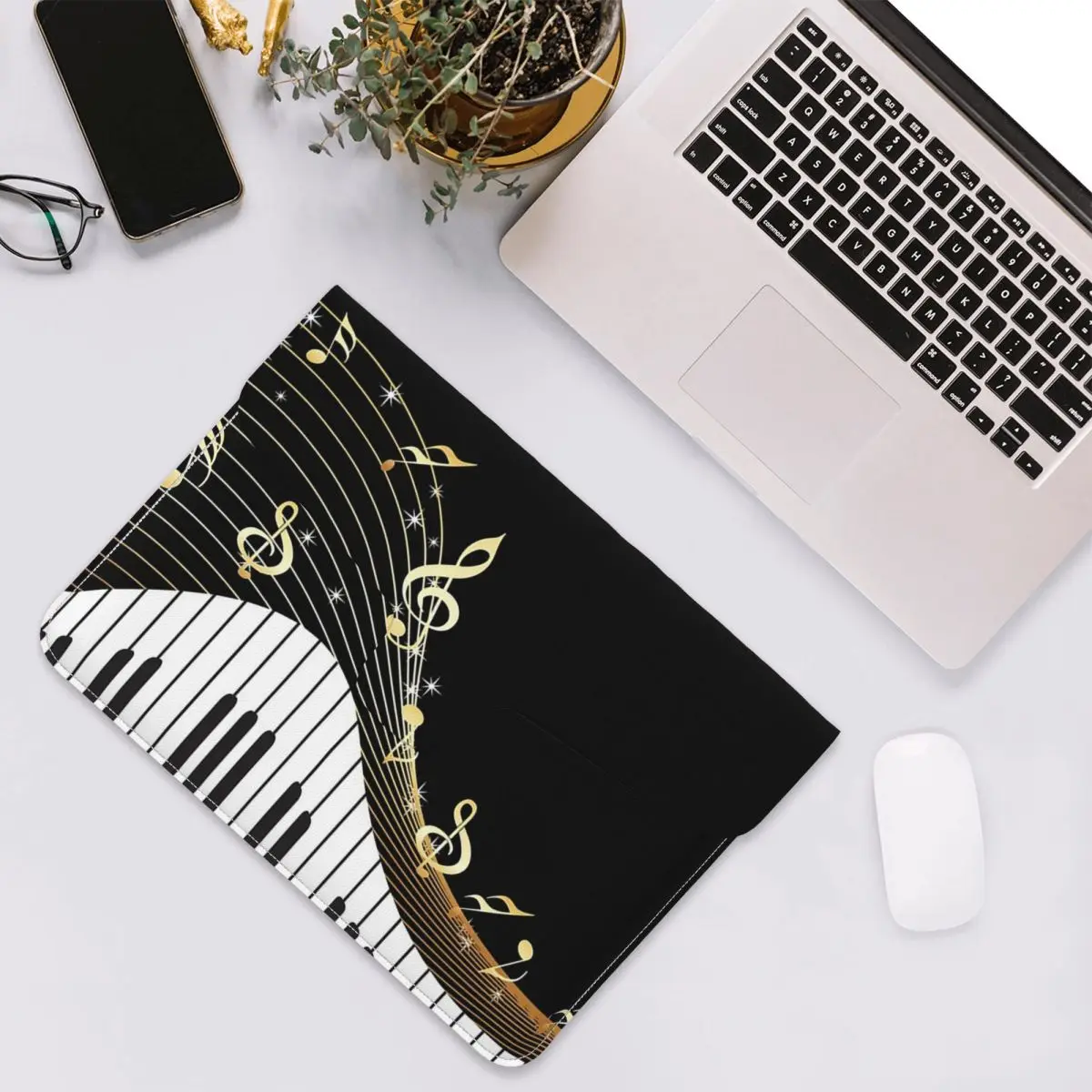 Black White Piano And Golden Music Note PU Leather Horizontal Laptop Sleeve Shockproof Soft Lining Notebook Case 13 Inch