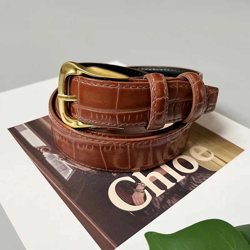 Cowhide Gilded Swivel Buckle Belt, Original Retro Classic Embossed Women's Crocodile Pattern Leather Belt