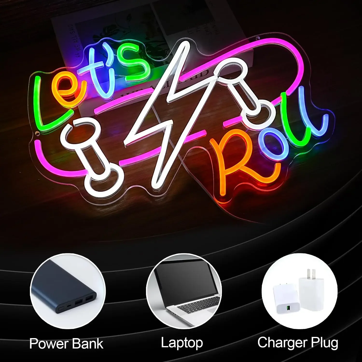 Let’s Roll Neon Sign Dimmable LED Skateboard Neon Sign Light USB for Skateboard Shop Sports Bar Party Bedroom Live Music Decor