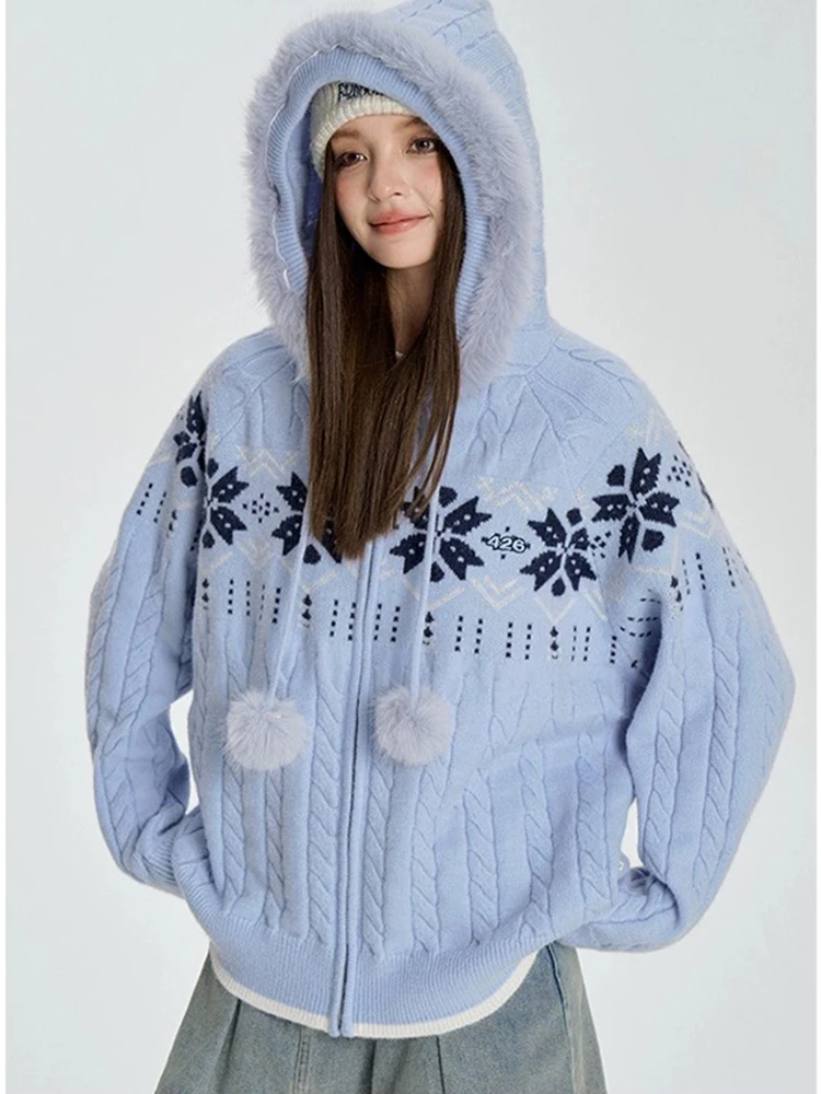 

Autumn Fashion Hip-Hop Loose Women Long Sleeved Cardigan Sweater French Women's Gentle Snow Flower Hooded Knitted Jacket