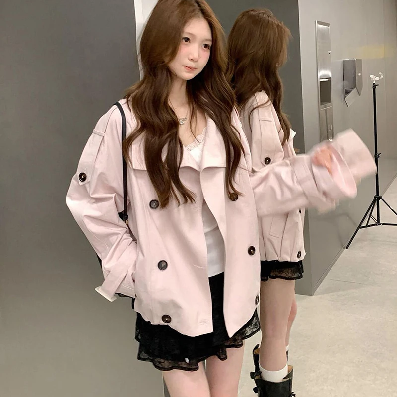 Sweet Double Breasted Trench Women Autumn Pink Chic Turn Down Collar Loose Jacket Office Lady Fashion Epaulet Outwear Tops New