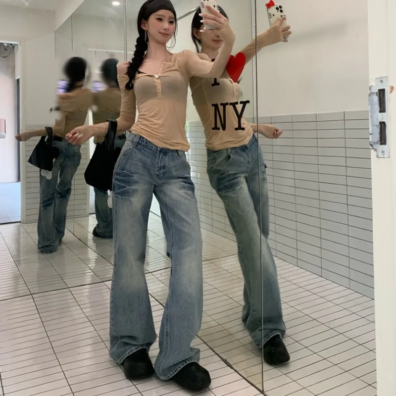 

Low Waist Faded Denim Jeans Women's Vintage Straight Leg Loose Fit Casual Long Pants High Waist Wide Leg Jeans