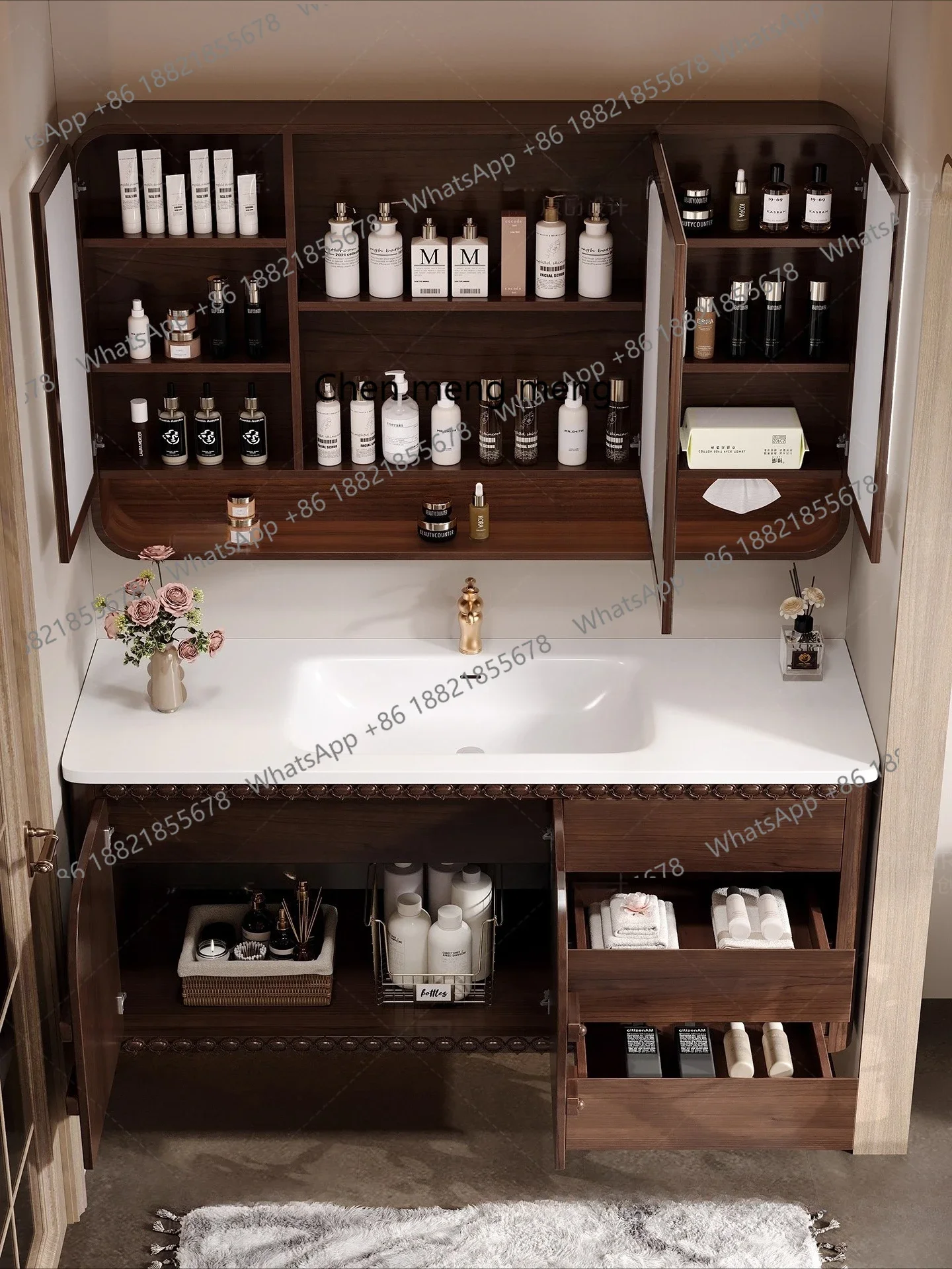 X Log Walnuss Corian Keramik integriertes Waschbecken moderne neue chinesische Badezimmerschrank-Kombination