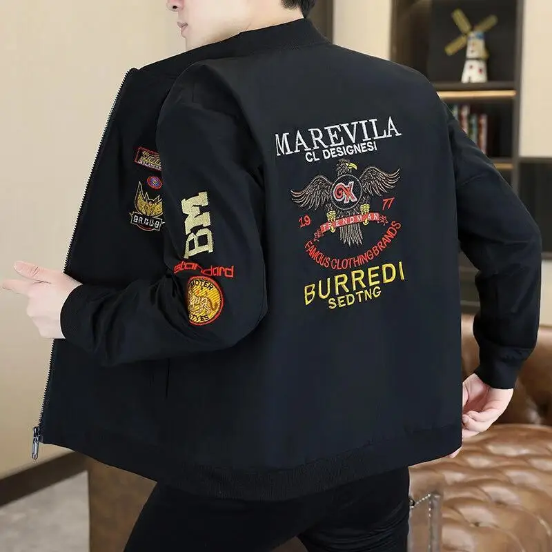 

Модная мужская повседневная бейсбольная куртка с вышивкой, стильная универсальная зимняя верхняя одежда с длинным рукавом и V-образным вырезом, приталенный крой, базовый стиль