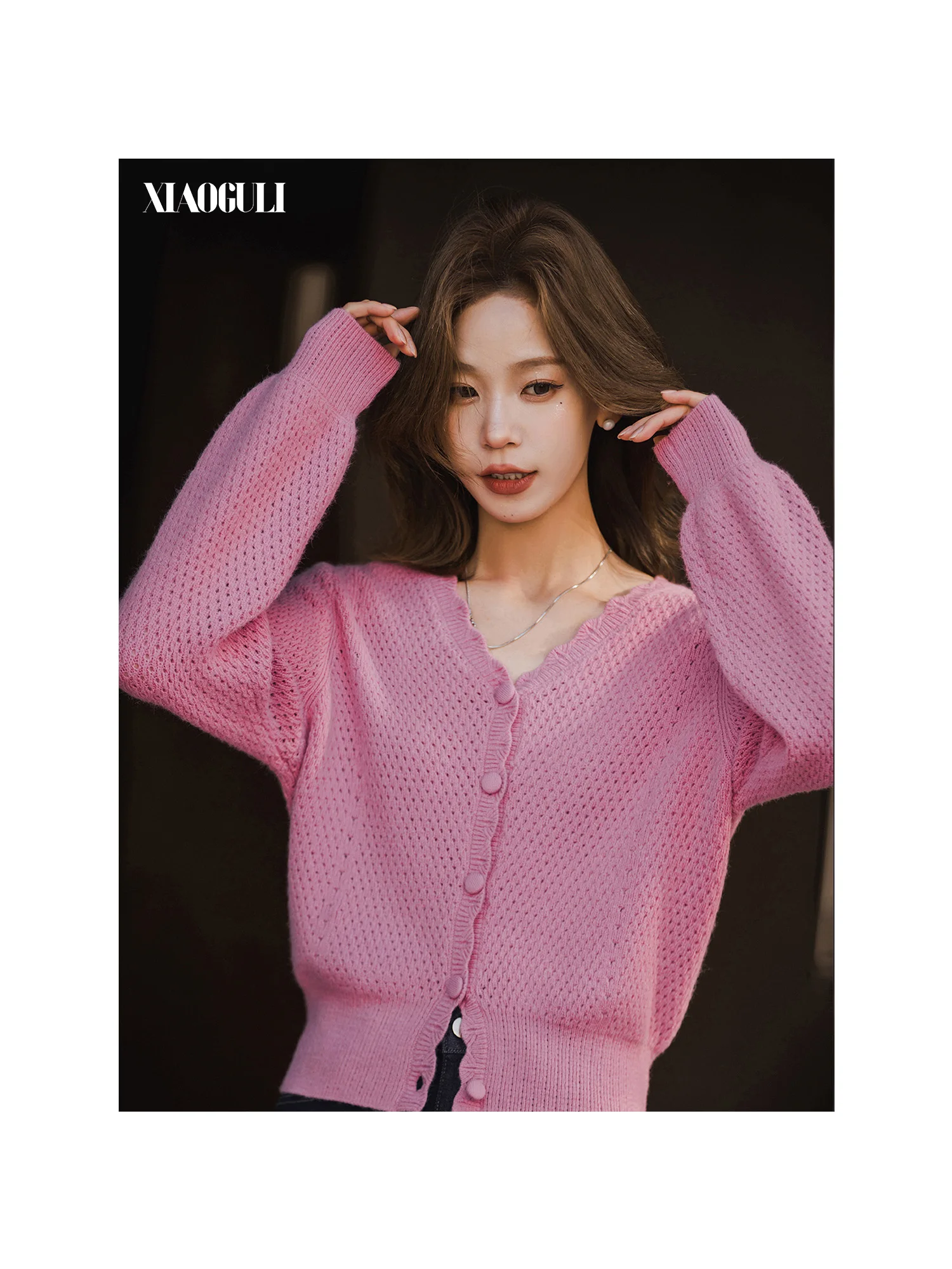 XIAOGULI 2026 Autumn New Women's Cardigan Fashion Hollow-out Thin Knit Sweater Versatile Pink Daily Outfits