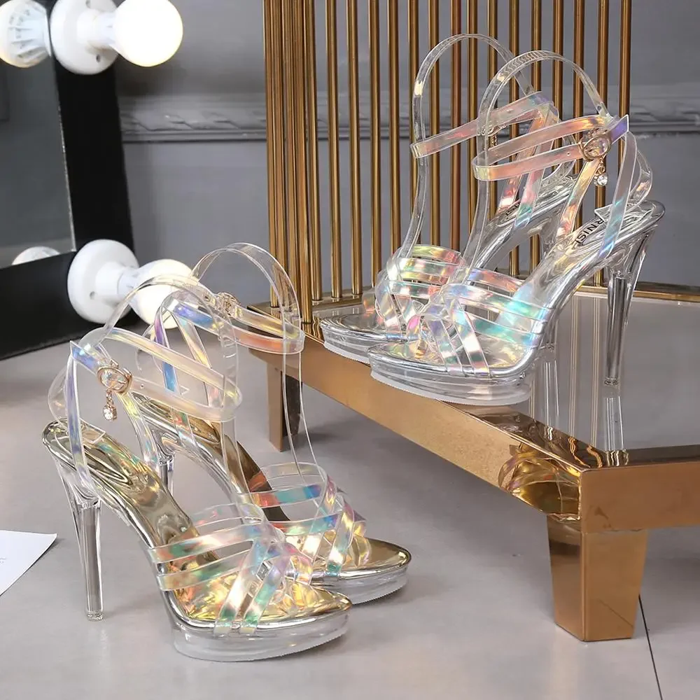 Female Wedding Shoes Stained-glass Rubber Sandals Women Clear Heel High Heels 12CM  Sandals Nightclub Platform Steel Pipe Shoes