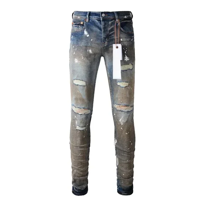 

New Fashion Purples Man brands jeans with distressed paint and distressed holes Fashion Repair Low Rise Skinny Denim pants