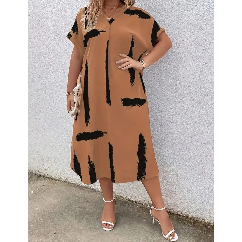 Spring Summer Fashion Printed Casual Dress For Women 2024 Sexy V-neck Short Sleeve Loose Dresses Female Vestidos New XL-5XL