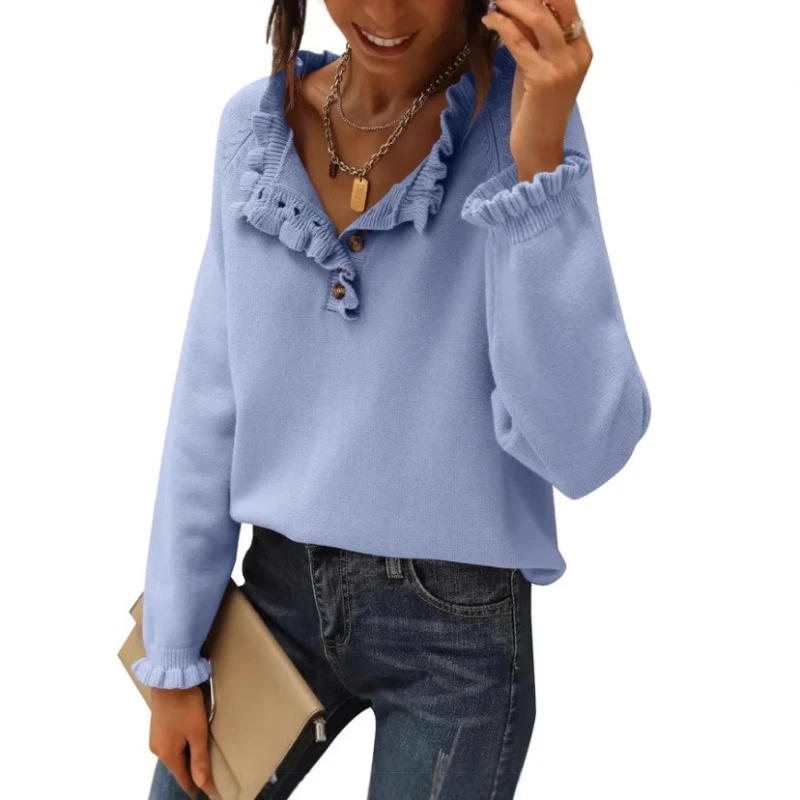 

Spring and Autumn 2025 Knitted Casual Long-sleeved Button Ruffled Pullover Women's Sweater