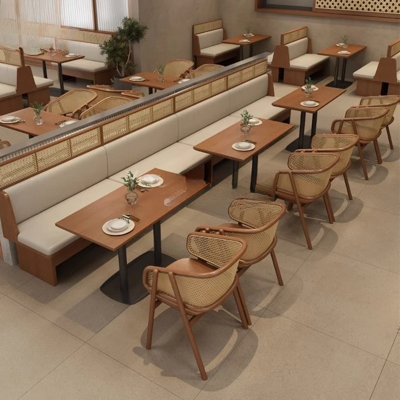 

Chain restaurant cafe table and chair solid wood woven rattan chair hotel Japanese material tea house theme restaurant card seat