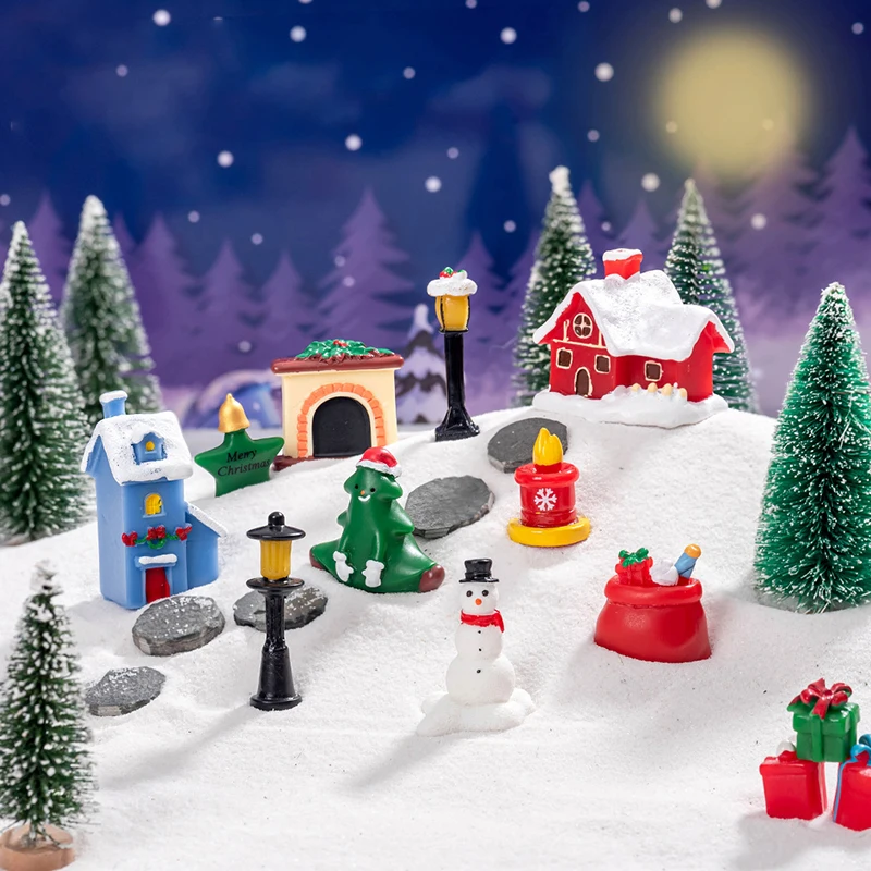 1PC Mini Cartoon Christmas Snowman Street Lights Christmas Tree Villa House Micro Landscape Resin Ornaments Desktop Decor Gifts