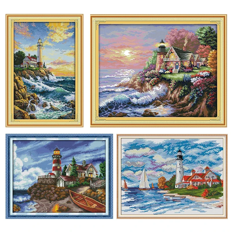 

Joy Sunday Seaside Scenery Cross Stitch Kits Chinese Lighthouse Needlework Home Decor Design Embroidery Needle Factory Promotion