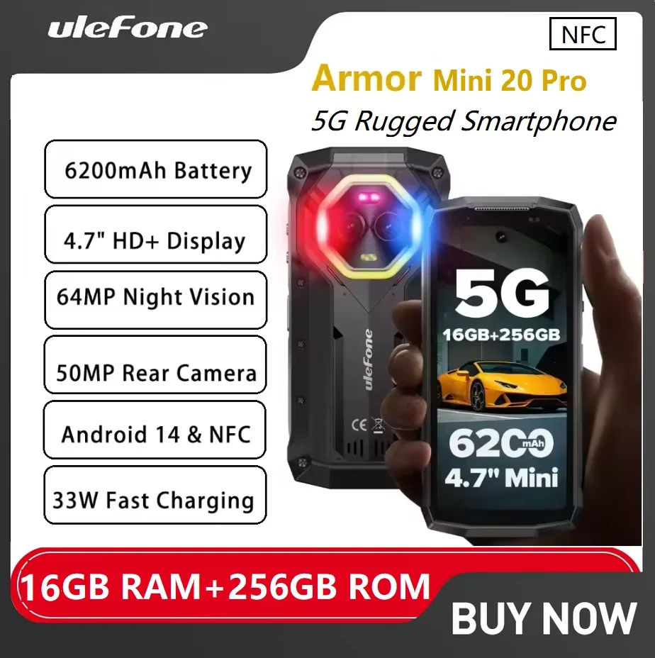 Прочный смартфон Ulefone Armor Mini 20 Pro 5G, Android 14,4,7 дюйма, 8 ГБ, 256 ГБ, маленький телефон, 64 МП, ночная камера, 6200 мАч, светодиодная подсветка, NFC