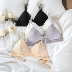 Women's Cotton Push-Up Bra Ribbed Triangle Cup Bralette Wire-Free Brassiere Sexy Lingerie Simple Low Back Single Hook Underwear