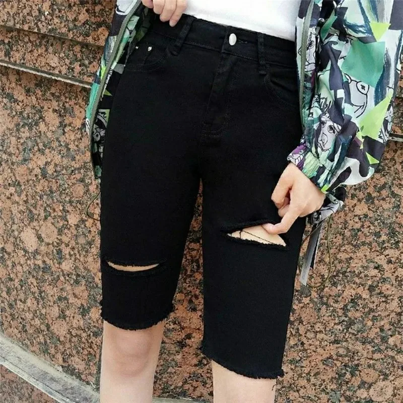 

2023 Summer New Women Hole Shorts Fashion Casual High Waist Black Denim Shorts Elasticity Slim All-match Short Jeans With Pocket