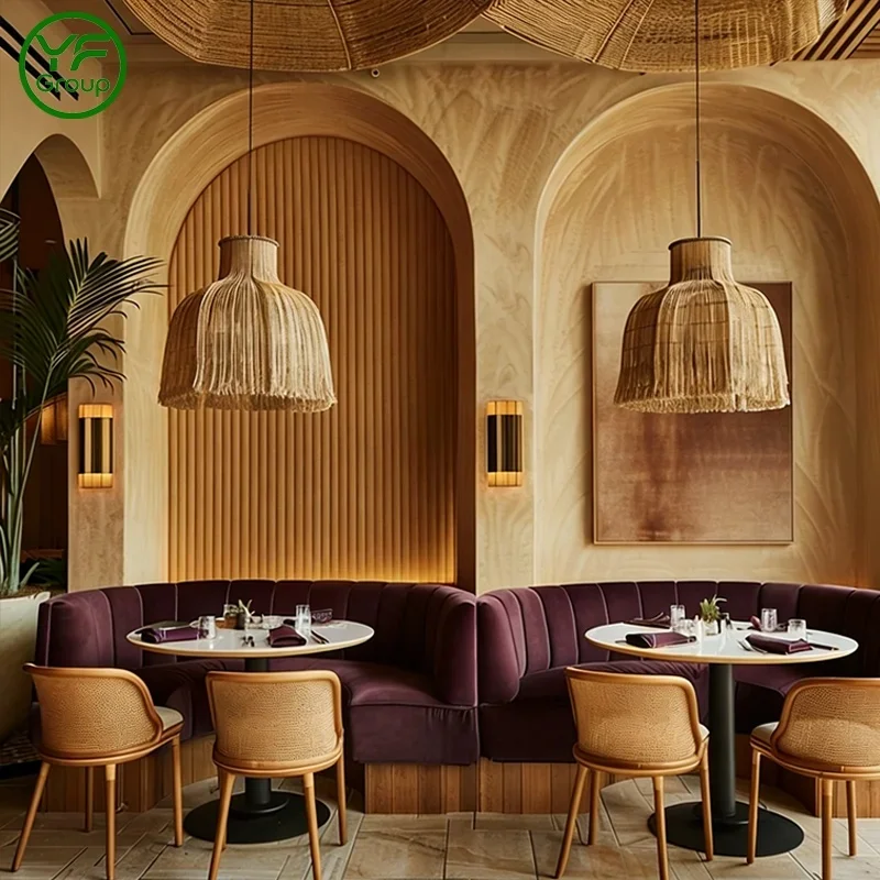 Modern Restaurant Furniture Set Marble Round Table with Cafe Rattan Back Chairs Booth Seating Table Chair Set for Dining