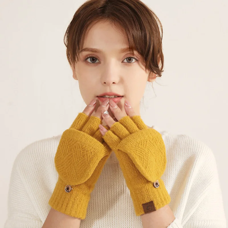 

Flip Cover Women Elegant Half Finger Winter Warm Fleeced Rhombus Solid Knitted Gloves Soft Supple Riding Thickened