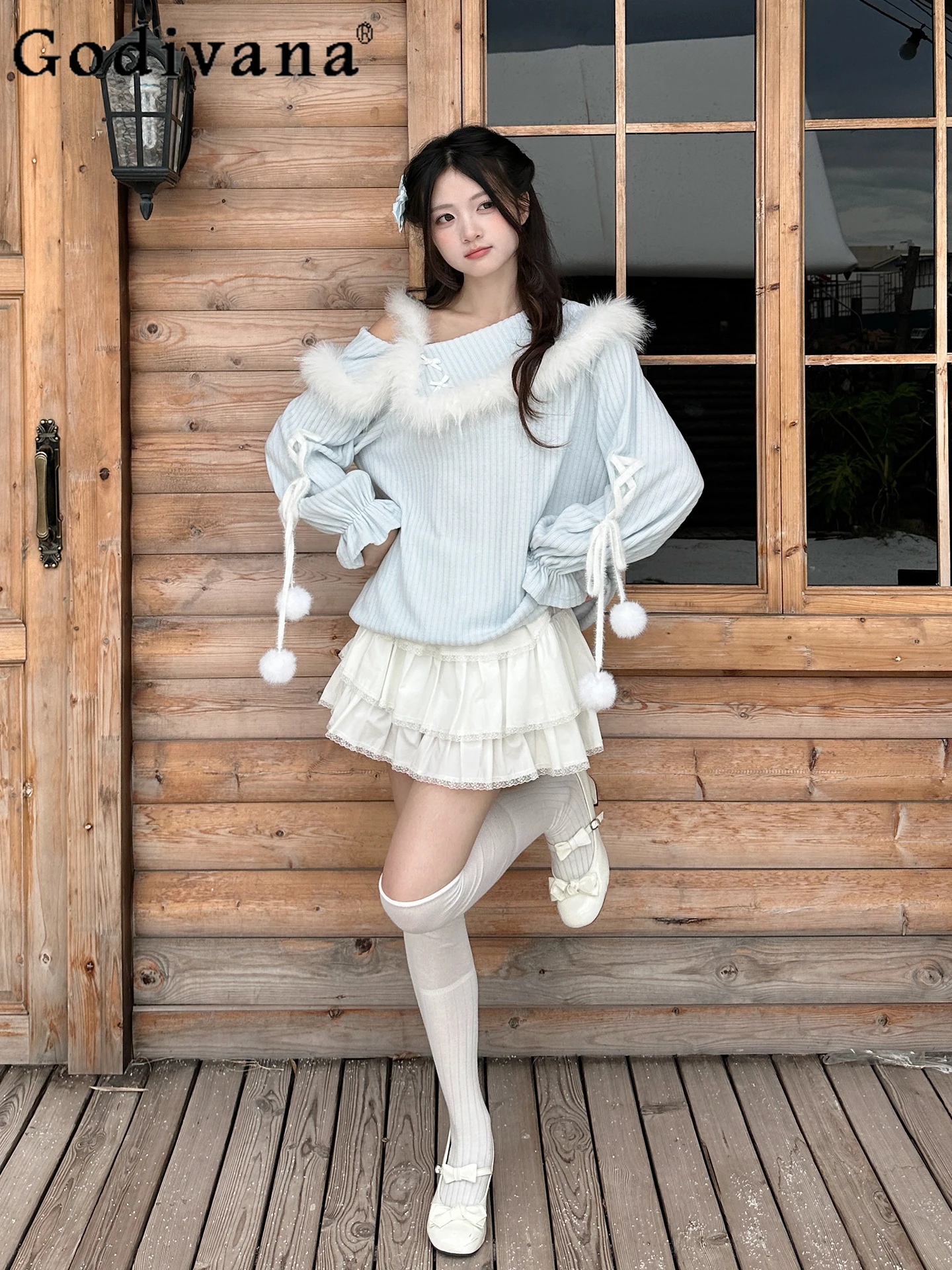 

Autumn Winter New Japanese Style Original Lolita Sweet Sweater Cute Girl Doll Feel Casual Loose Off-Shoulder Knitted Top