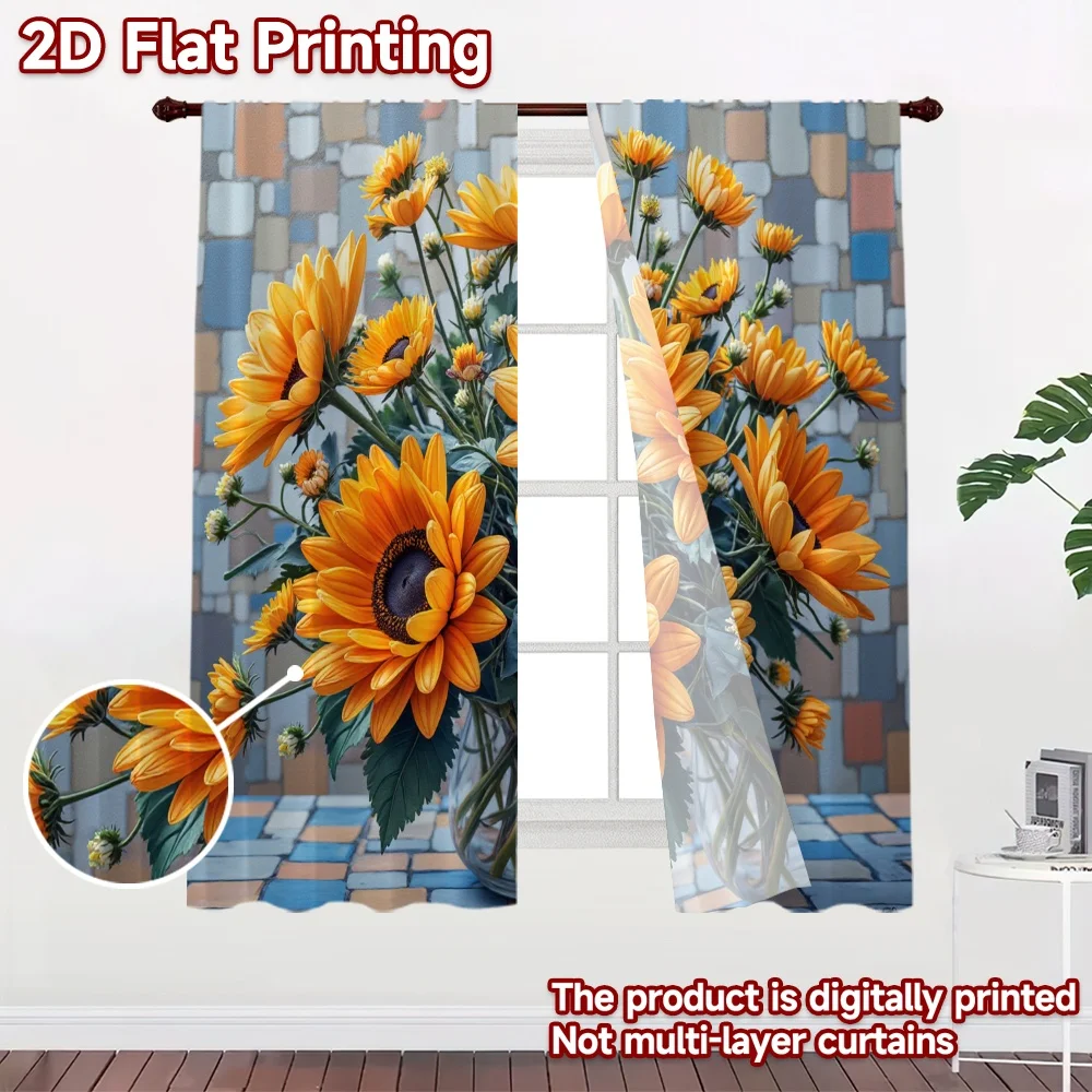2D flat 2pcs Curtain French Romantic Style Orange Sunflower Bouquet Durable polyester fiber Festive Curtains for Holiday Parties